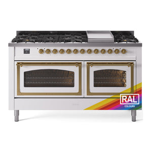 ILVE Nostalgie II 60-Inch Dual Fuel Range with 9 Sealed Burners + Griddle, 5.8 cu. ft. Oven, RAL with Brass Trim, Liquid Propane, Triple Glass Door, UN60FNMPRAGLP
