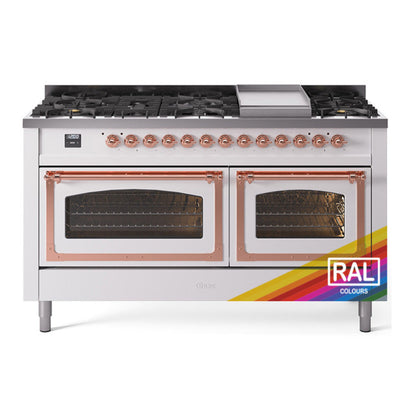 ILVE Nostalgie II 60-Inch Dual Fuel Range with 9 Sealed Burners + Griddle, 5.8 cu. ft. Oven, RAL with Copper Trim, Liquid Propane, Triple Glass Door, UN60FNMPRAPLP