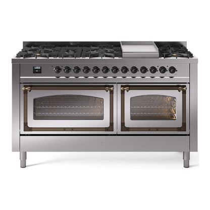 ILVE Nostalgie II 60-Inch Dual Fuel Range with 9 Sealed Burners + Griddle, 5.8 cu. ft. Oven, Stainless Steel with Burnished Trim, Liquid Propane, Triple Glass Door, UN60FNMPSSBLP