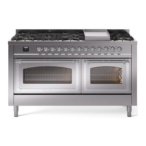 ILVE Nostalgie II 60-Inch Dual Fuel Range with 9 Sealed Burners + Griddle, 5.8 cu. ft. Oven, Stainless Steel with Chrome Trim, Liquid Propane, Triple Glass Door, UN60FNMPSSCLP