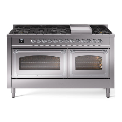 ILVE Nostalgie II 60-Inch Dual Fuel Range with 9 Sealed Burners + Griddle, 5.8 cu. ft. Oven, Stainless Steel with Chrome Trim, Liquid Propane, Triple Glass Door, UN60FNMPSSCLP