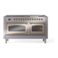 ILVE Nostalgie II 60-Inch Dual Fuel Range with 9 Sealed Burners + Griddle, 5.8 cu. ft. Oven, Stainless Steel with Brass Trim, Liquid Propane, Triple Glass Door, UN60FNMPSSGLP