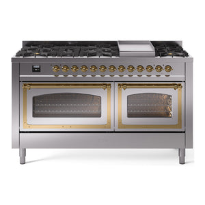 ILVE Nostalgie II 60-Inch Dual Fuel Range with 9 Sealed Burners + Griddle, 5.8 cu. ft. Oven, Stainless Steel with Brass Trim, Natural Gas, Triple Glass Door, UN60FNMPSSG