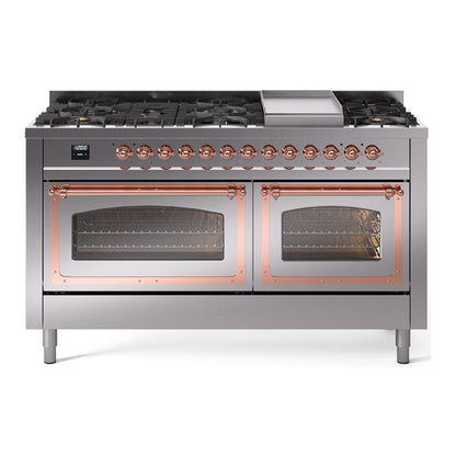 ILVE Nostalgie II 60-Inch Dual Fuel Range with 9 Sealed Burners + Griddle, 5.8 cu. ft. Oven, Stainless Steel with Copper Trim, Natural Gas, Triple Glass Door, UN60FNMPSSP