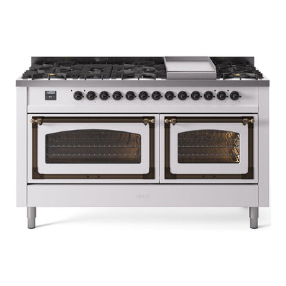 ILVE Nostalgie II 60-Inch Dual Fuel Range with 9 Sealed Burners + Griddle, 5.8 cu. ft. Oven, White with Burnished Trim, Liquid Propane, Triple Glass Door, UN60FNMPWHBLP