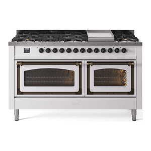 ILVE Nostalgie II 60-Inch Dual Fuel Range with 9 Sealed Burners + Griddle, 5.8 cu. ft. Oven, White with Burnished Trim, Natural Gas, Triple Glass Door, UN60FNMPWHB