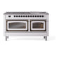 ILVE Nostalgie II 60-Inch Dual Fuel Range with 9 Sealed Burners + Griddle, 5.8 cu. ft. Oven, White with Burnished Trim, Natural Gas, Triple Glass Door, UN60FNMPWHB