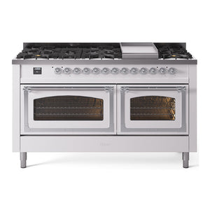 ILVE Nostalgie II 60-Inch Dual Fuel Range with 9 Sealed Burners + Griddle, 5.8 cu. ft. Oven, White with Chrome Trim, Liquid Propane, Triple Glass Door, UN60FNMPWHCLP