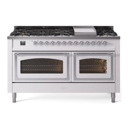 ILVE Nostalgie II 60-Inch Dual Fuel Range with 9 Sealed Burners + Griddle, 5.8 cu. ft. Oven, White with Chrome Trim, Liquid Propane, Triple Glass Door, UN60FNMPWHCLP