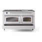 ILVE Nostalgie II 60-Inch Dual Fuel Range with 9 Sealed Burners + Griddle, 5.8 cu. ft. Oven, White with Chrome Trim, Liquid Propane, Triple Glass Door, UN60FNMPWHCLP