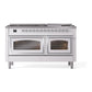 ILVE Nostalgie II 60-Inch Dual Fuel Range with 9 Sealed Burners + Griddle, 5.8 cu. ft. Oven, White with Chrome Trim, Natural Gas, Triple Glass Door, UN60FNMPWHC