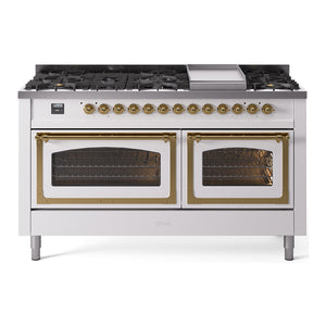 ILVE Nostalgie II 60-Inch Dual Fuel Range with 9 Sealed Burners + Griddle, 5.8 cu. ft. Oven, White with Brass Trim, Liquid Propane, Triple Glass Door, UN60FNMPWHGLP