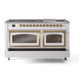 ILVE Nostalgie II 60-Inch Dual Fuel Range with 9 Sealed Burners + Griddle, 5.8 cu. ft. Oven, White with Brass Trim, Liquid Propane, Triple Glass Door, UN60FNMPWHGLP