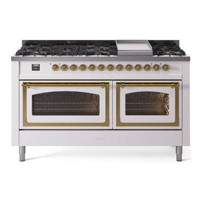 ILVE Nostalgie II 60-Inch Dual Fuel Range with 9 Sealed Burners + Griddle, 5.8 cu. ft. Oven, White with Brass Trim, Natural Gas, Triple Glass Door, UN60FNMPWHG