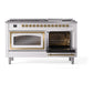 ILVE Nostalgie II 60-Inch Dual Fuel Range with 9 Sealed Burners + Griddle, 5.8 cu. ft. Oven, White with Brass Trim, Natural Gas, Triple Glass Door, UN60FNMPWHG