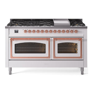 ILVE Nostalgie II 60-Inch Dual Fuel Range with 9 Sealed Burners + Griddle, 5.8 cu. ft. Oven, White with Copper Trim, Natural Gas, Triple Glass Door, UN60FNMPWHP