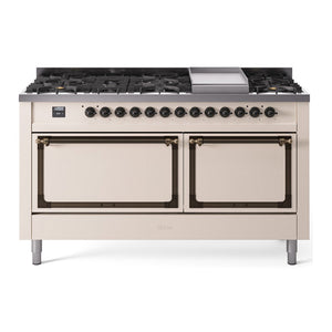 ILVE Nostalgie II 60-Inch Dual Fuel Range with 9 Sealed Burners + Griddle, 5.8 cu. ft. Oven, Antique White with Burnished Trim, Liquid Propane, Solid Door, UN60FQNMPAWBLP