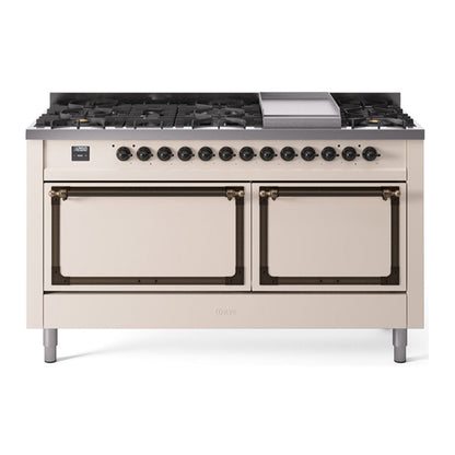 ILVE Nostalgie II 60-Inch Dual Fuel Range with 9 Sealed Burners + Griddle, 5.8 cu. ft. Oven, Antique White with Burnished Trim, Liquid Propane, Solid Door, UN60FQNMPAWBLP