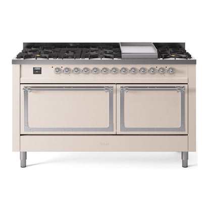 ILVE Nostalgie II 60-Inch Dual Fuel Range with 9 Sealed Burners + Griddle, 5.8 cu. ft. Oven, Antique White with Chrome Trim, Liquid Propane, Solid Door, UN60FQNMPAWCLP