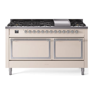 ILVE Nostalgie II 60-Inch Dual Fuel Range with 9 Sealed Burners + Griddle, 5.8 cu. ft. Oven, Antique White with Chrome Trim, Natural Gas, Solid Door, UN60FQNMPAWC