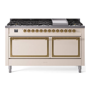 ILVE Nostalgie II 60-Inch Dual Fuel Range with 9 Sealed Burners + Griddle, 5.8 cu. ft. Oven, Antique White with Brass Trim, Natural Gas, Solid Door, UN60FQNMPAWG