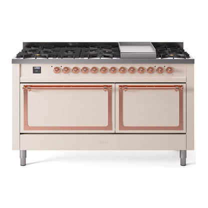 ILVE Nostalgie II 60-Inch Dual Fuel Range with 9 Sealed Burners + Griddle, 5.8 cu. ft. Oven, Antique White with Copper Trim, Liquid Propane, Solid Door, UN60FQNMPAWPLP