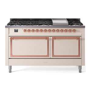 ILVE Nostalgie II 60-Inch Dual Fuel Range with 9 Sealed Burners + Griddle, 5.8 cu. ft. Oven, Antique White with Copper Trim, Natural Gas, Solid Door, UN60FQNMPAWP