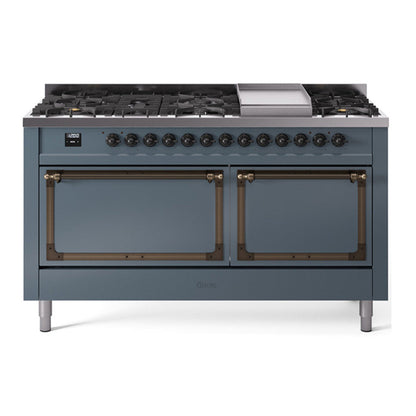 ILVE Nostalgie II 60-Inch Dual Fuel Range with 9 Sealed Burners + Griddle, 5.8 cu. ft. Oven, Blue Grey with Burnished Trim, Liquid Propane, Solid Door, UN60FQNMPBGBLP