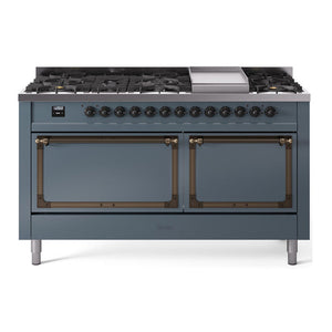 ILVE Nostalgie II 60-Inch Dual Fuel Range with 9 Sealed Burners + Griddle, 5.8 cu. ft. Oven, Blue Grey with Burnished Trim, Natural Gas, Solid Door, UN60FQNMPBGB