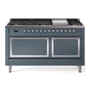 ILVE Nostalgie II 60-Inch Dual Fuel Range with 9 Sealed Burners + Griddle, 5.8 cu. ft. Oven, Blue Grey with Chrome Trim, Natural Gas, Solid Door, UN60FQNMPBGC