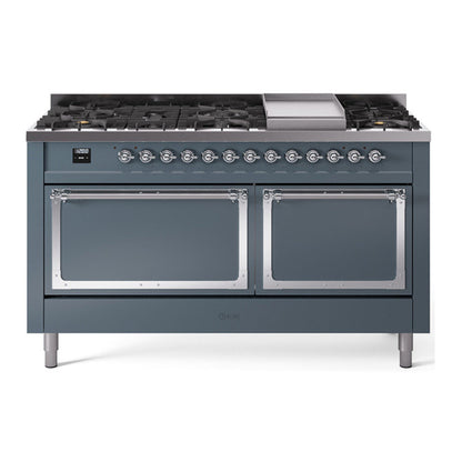 ILVE Nostalgie II 60-Inch Dual Fuel Range with 9 Sealed Burners + Griddle, 5.8 cu. ft. Oven, Blue Grey with Chrome Trim, Natural Gas, Solid Door, UN60FQNMPBGC
