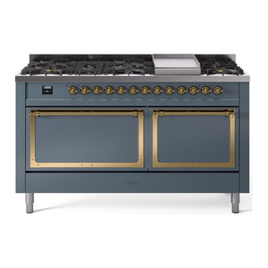 ILVE Nostalgie II 60-Inch Dual Fuel Range with 9 Sealed Burners + Griddle, 5.8 cu. ft. Oven, Blue Grey with Brass Trim, Natural Gas, Solid Door, UN60FQNMPBGG