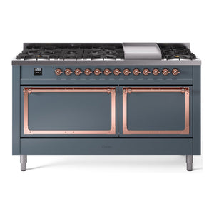 ILVE Nostalgie II 60-Inch Dual Fuel Range with 9 Sealed Burners + Griddle, 5.8 cu. ft. Oven, Blue Grey with Copper Trim, Liquid Propane, Solid Door, UN60FQNMPBGPLP