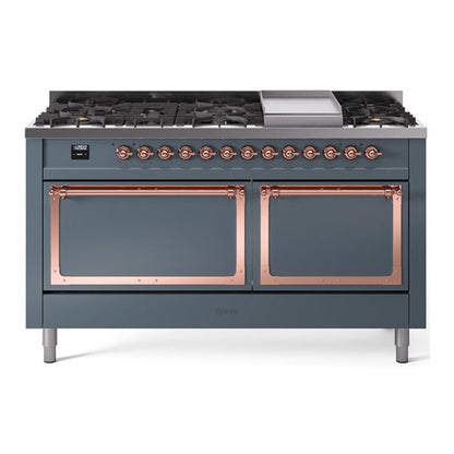 ILVE Nostalgie II 60-Inch Dual Fuel Range with 9 Sealed Burners + Griddle, 5.8 cu. ft. Oven, Blue Grey with Copper Trim, Natural Gas, Solid Door, UN60FQNMPBGP