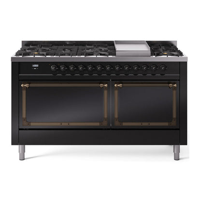 ILVE Nostalgie II 60-Inch Dual Fuel Range with 9 Sealed Burners + Griddle, 5.8 cu. ft. Oven, Glossy Black with Burnished Trim, Liquid Propane, Solid Door, UN60FQNMPBKBLP