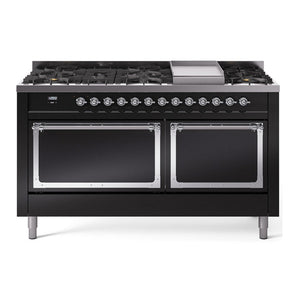 ILVE Nostalgie II 60-Inch Dual Fuel Range with 9 Sealed Burners + Griddle, 5.8 cu. ft. Oven, Glossy Black with Chrome Trim, Liquid Propane, Solid Door, UN60FQNMPBKCLP