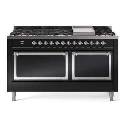ILVE Nostalgie II 60-Inch Dual Fuel Range with 9 Sealed Burners + Griddle, 5.8 cu. ft. Oven, Glossy Black with Chrome Trim, Natural Gas, Solid Door, UN60FQNMPBKC