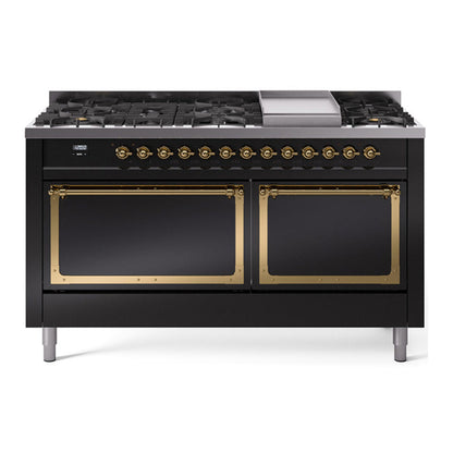 ILVE Nostalgie II 60-Inch Dual Fuel Range with 9 Sealed Burners + Griddle, 5.8 cu. ft. Oven, Glossy Black with Brass Trim, Liquid Propane, Solid Door, UN60FQNMPBKGLP