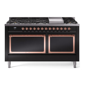 ILVE Nostalgie II 60-Inch Dual Fuel Range with 9 Sealed Burners + Griddle, 5.8 cu. ft. Oven, Glossy Black with Copper Trim, Liquid Propane, Solid Door, UN60FQNMPBKPLP
