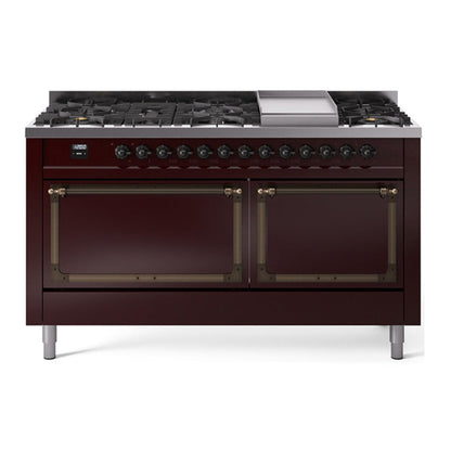 ILVE Nostalgie II 60-Inch Dual Fuel Range with 9 Sealed Burners + Griddle, 5.8 cu. ft. Oven, Burgundy with Burnished Trim, Natural Gas, Solid Door, UN60FQNMPBUB