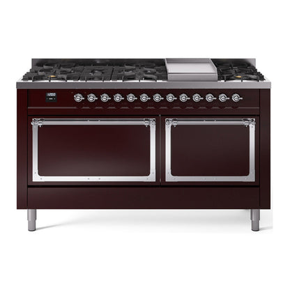 ILVE Nostalgie II 60-Inch Dual Fuel Range with 9 Sealed Burners + Griddle, 5.8 cu. ft. Oven, Burgundy with Chrome Trim, Natural Gas, Solid Door, UN60FQNMPBUC