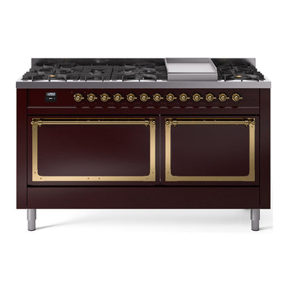 ILVE Nostalgie II 60-Inch Dual Fuel Range with 9 Sealed Burners + Griddle, 5.8 cu. ft. Oven, Burgundy with Brass Trim, Liquid Propane, Solid Door, UN60FQNMPBUGLP