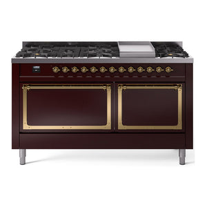 ILVE Nostalgie II 60-Inch Dual Fuel Range with 9 Sealed Burners + Griddle, 5.8 cu. ft. Oven, Burgundy with Brass Trim, Natural Gas, Solid Door, UN60FQNMPBUG