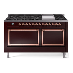 ILVE Nostalgie II 60-Inch Dual Fuel Range with 9 Sealed Burners + Griddle, 5.8 cu. ft. Oven, Burgundy with Copper Trim, Natural Gas, Solid Door, UN60FQNMPBUP