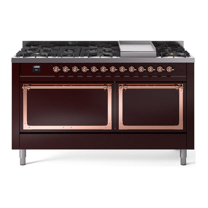 ILVE Nostalgie II 60-Inch Dual Fuel Range with 9 Sealed Burners + Griddle, 5.8 cu. ft. Oven, Burgundy with Copper Trim, Natural Gas, Solid Door, UN60FQNMPBUP