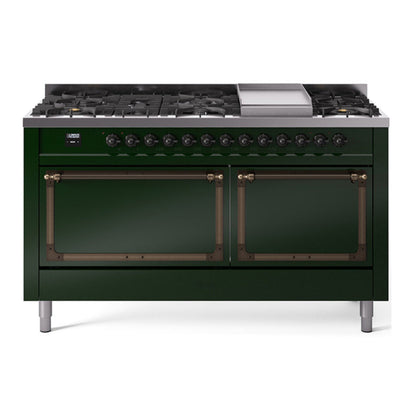 ILVE Nostalgie II 60-Inch Dual Fuel Range with 9 Sealed Burners + Griddle, 5.8 cu. ft. Oven, Emerald Green with Burnished Trim, Natural Gas, Solid Door, UN60FQNMPEGB