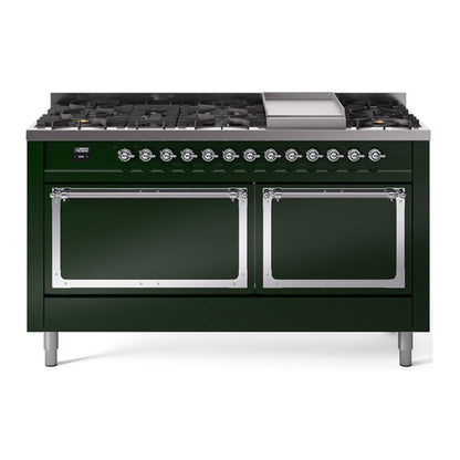 ILVE Nostalgie II 60-Inch Dual Fuel Range with 9 Sealed Burners + Griddle, 5.8 cu. ft. Oven, Emerald Green with Chrome Trim, Natural Gas, Solid Door, UN60FQNMPEGC