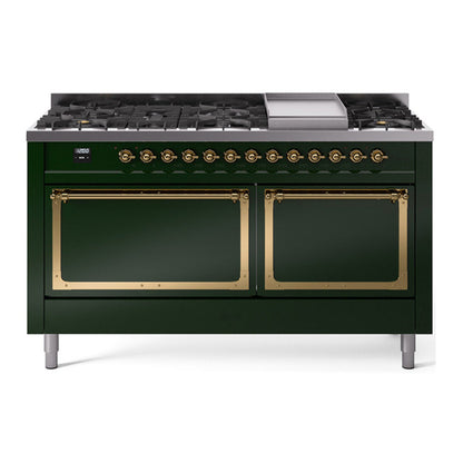 ILVE Nostalgie II 60-Inch Dual Fuel Range with 9 Sealed Burners + Griddle, 5.8 cu. ft. Oven, Emerald Green with Brass Trim, Liquid Propane, Solid Door, UN60FQNMPEGGLP