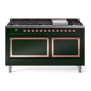 ILVE Nostalgie II 60-Inch Dual Fuel Range with 9 Sealed Burners + Griddle, 5.8 cu. ft. Oven, Emerald Green with Copper Trim, Natural Gas, Solid Door, UN60FQNMPEGP