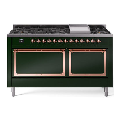 ILVE Nostalgie II 60-Inch Dual Fuel Range with 9 Sealed Burners + Griddle, 5.8 cu. ft. Oven, Emerald Green with Copper Trim, Natural Gas, Solid Door, UN60FQNMPEGP